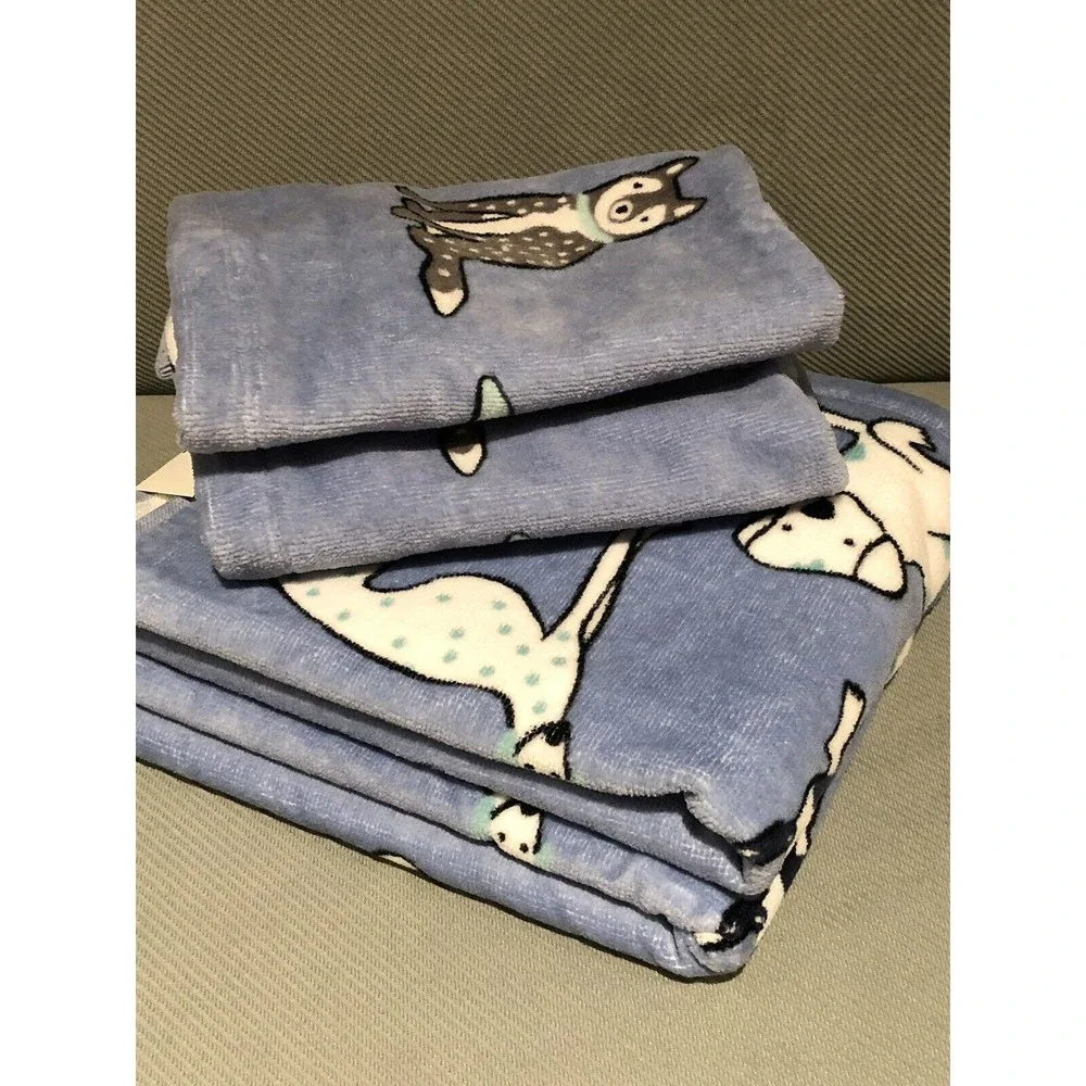 ARTISAN de LUXE HOME 2 Hand Towels & 2 Washcloths Cute Dog Print Blue Cotton New
